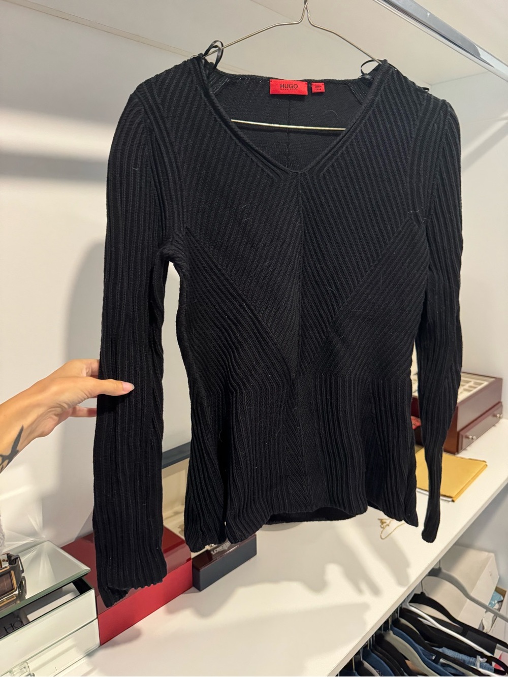 NW HUGO Black Ribbed V-Neck Long Sleeve Top